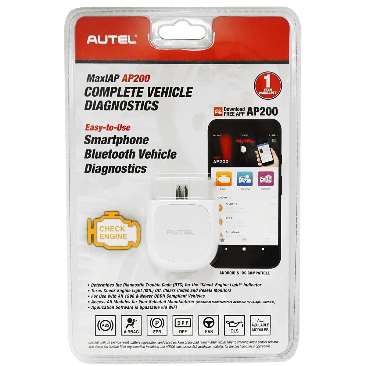 Autel AP200 Ap200 Advanced Smartphone Vehicle Diagnostics App