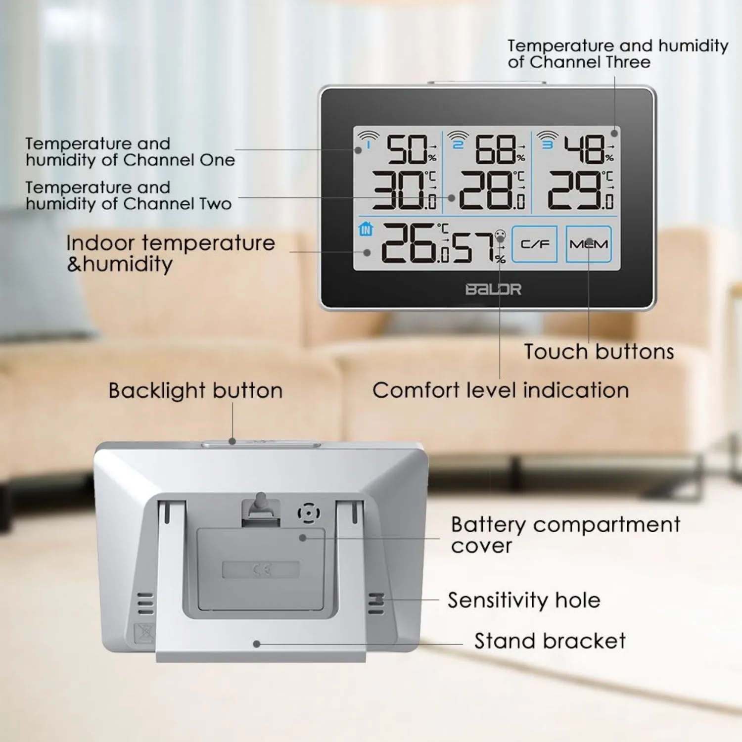 BALDR Indoor/Outdoor Wireless Weather Station With 3 Sensors