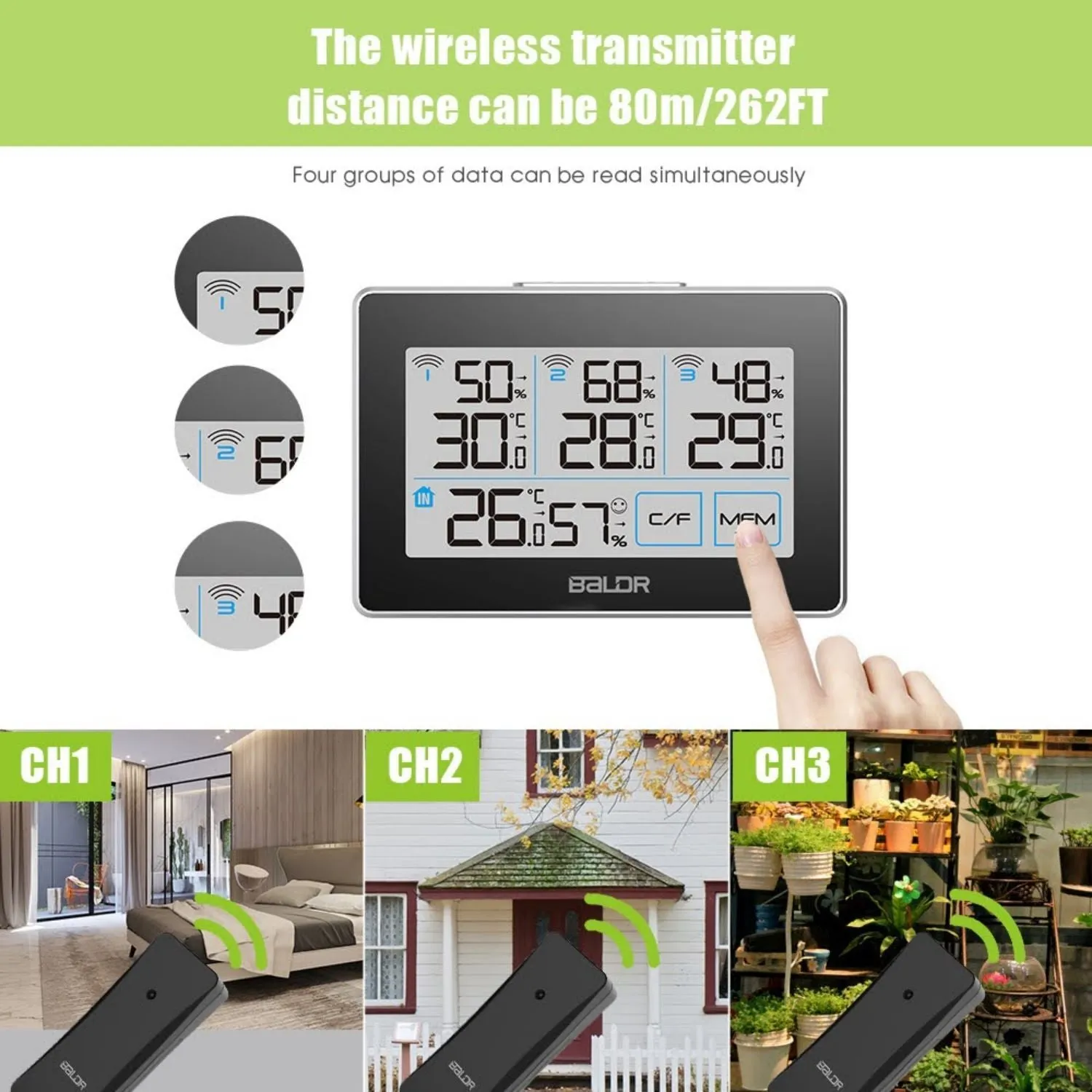 BALDR Indoor/Outdoor Wireless Weather Station With 3 Sensors