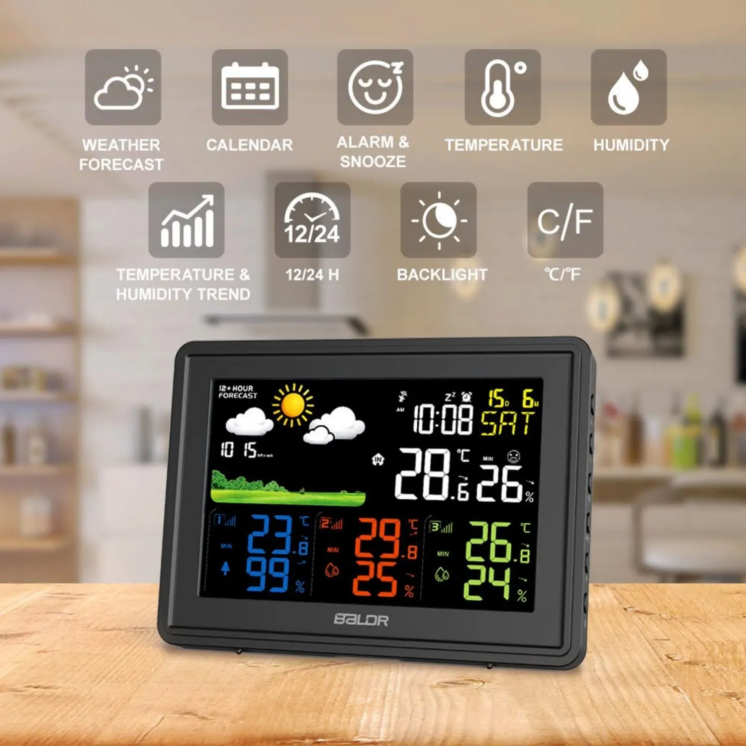 BALDR LCD Weather Station With 3 Outdoor Sensors