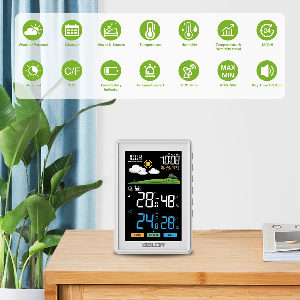 BALDR Weather Station Wireless Indoor Outdoor Thermometer - Color LCD Display Weather Forecast - Atomic Wall Clock