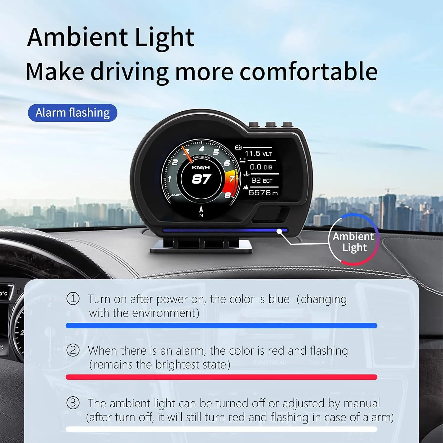 Car HUD Head up Display P6, OBD GPS Smart Gauge, Works Great for Most Cars (Black)