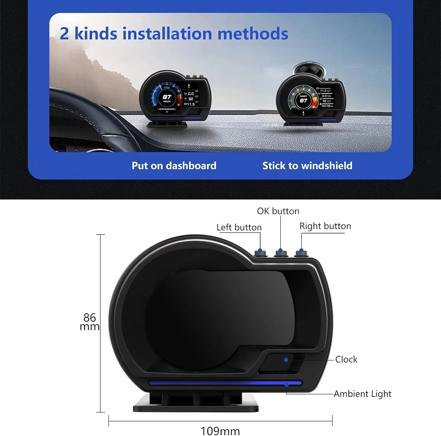 Car HUD Head up Display P6, OBD GPS Smart Gauge, Works Great for Most Cars (Black)