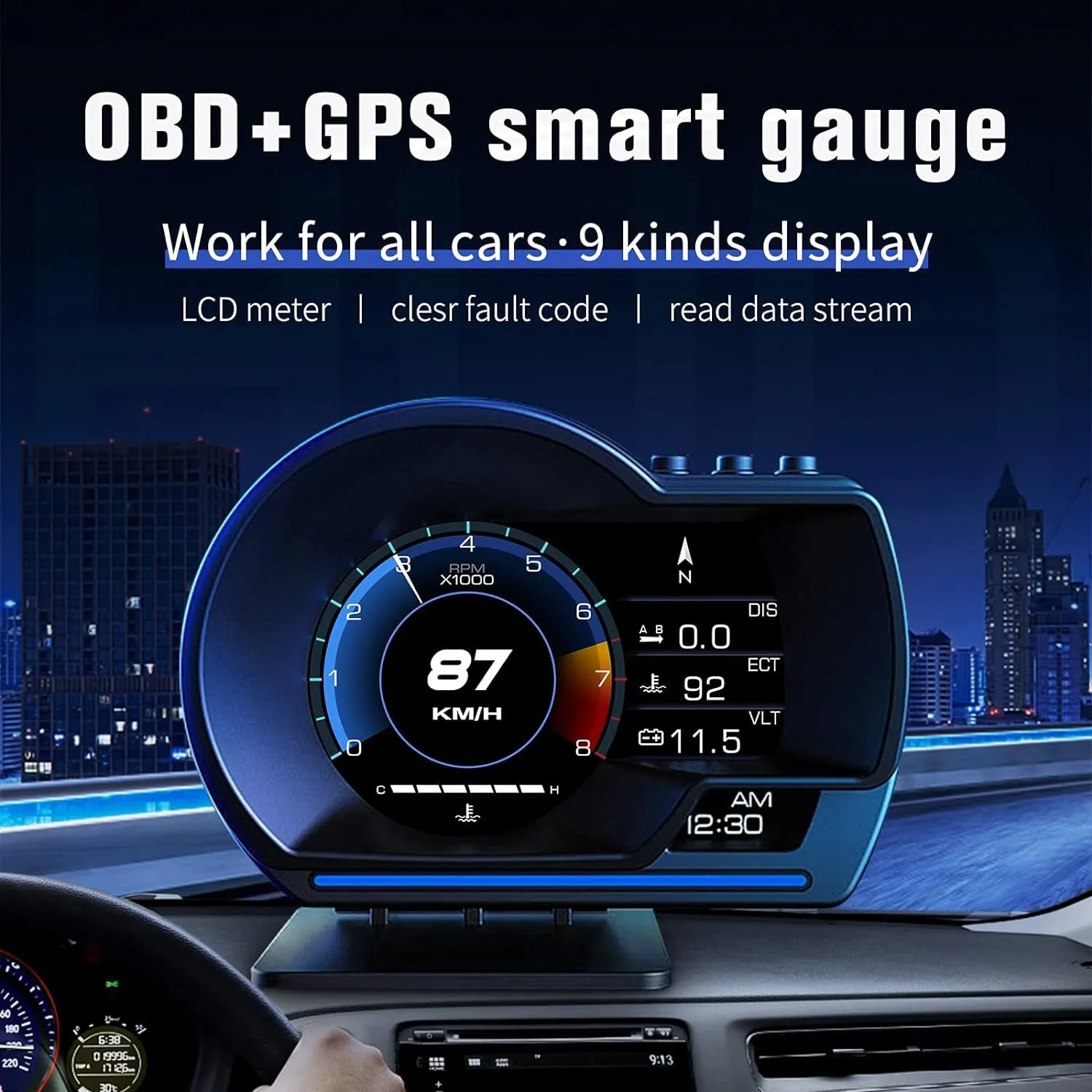 Car HUD Head up Display P6, OBD GPS Smart Gauge, Works Great for Most Cars (Black)