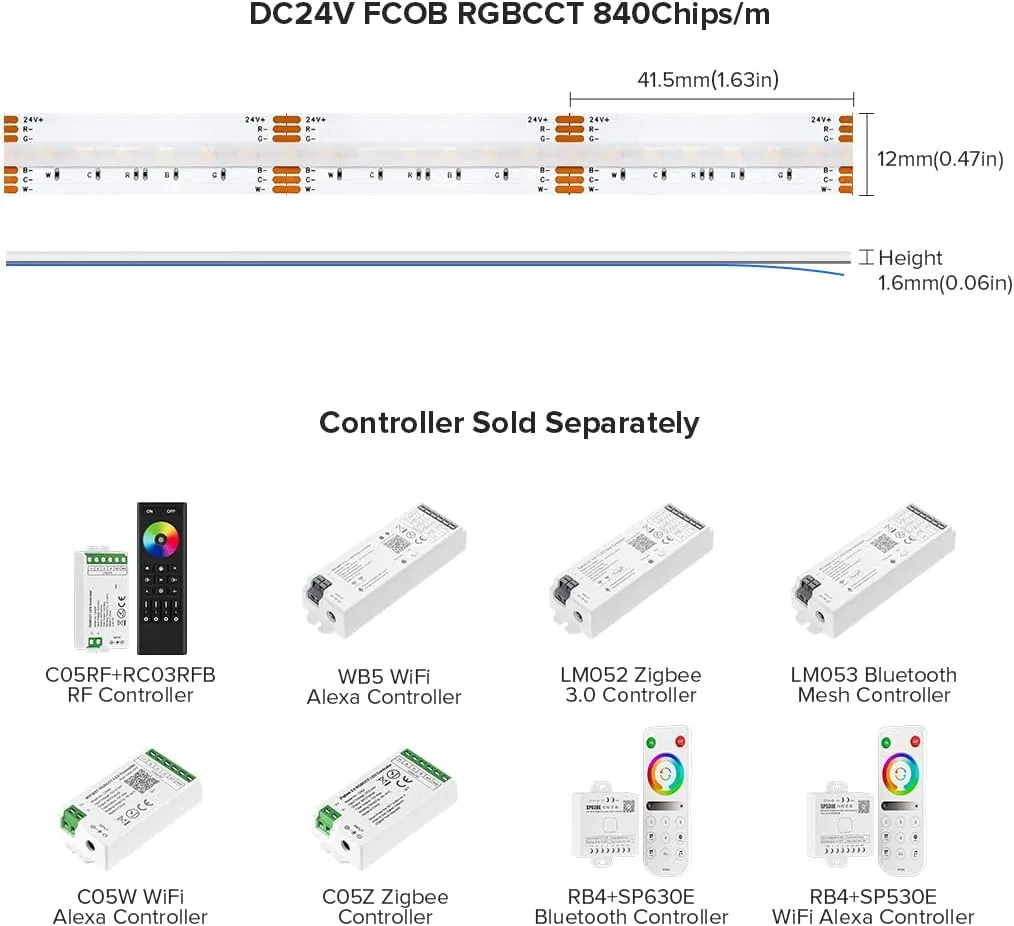 FCOB COB RGBCCT 840LEDs/M LED Light Strip Flexible High Density Tunable 3000K-6000K DC24V 12mm Width 16W