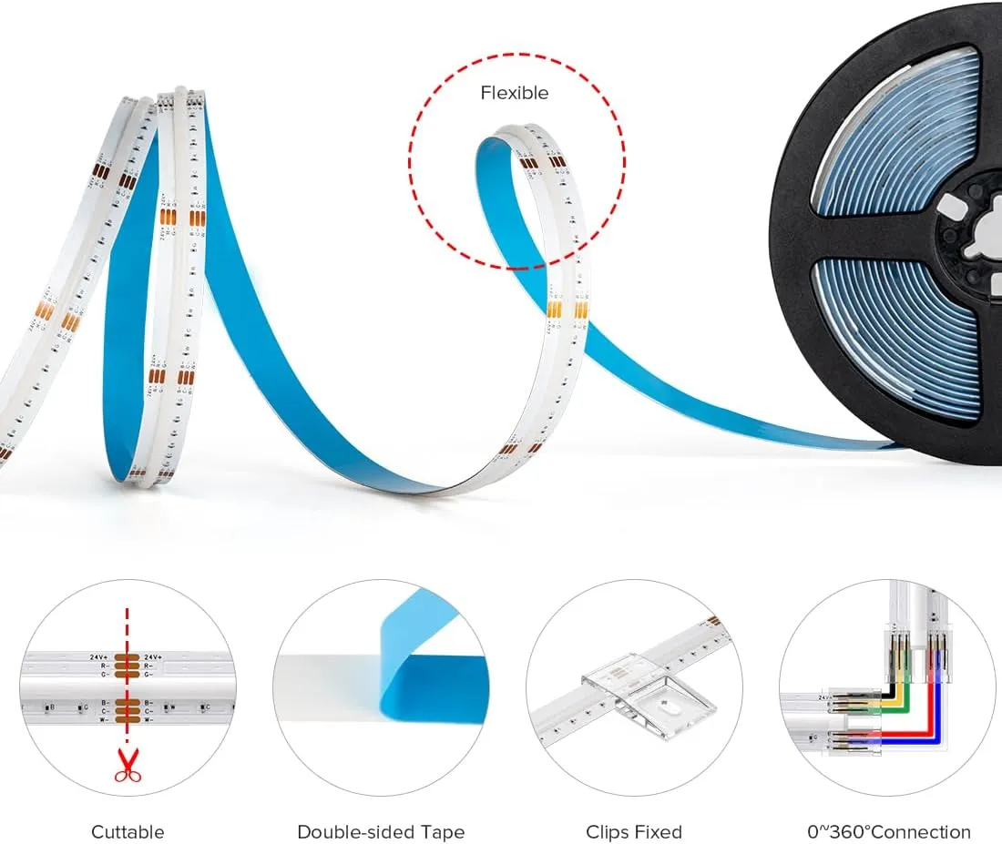 FCOB COB RGBCCT 840LEDs/M LED Light Strip Flexible High Density Tunable 3000K-6000K DC24V 12mm Width 16W