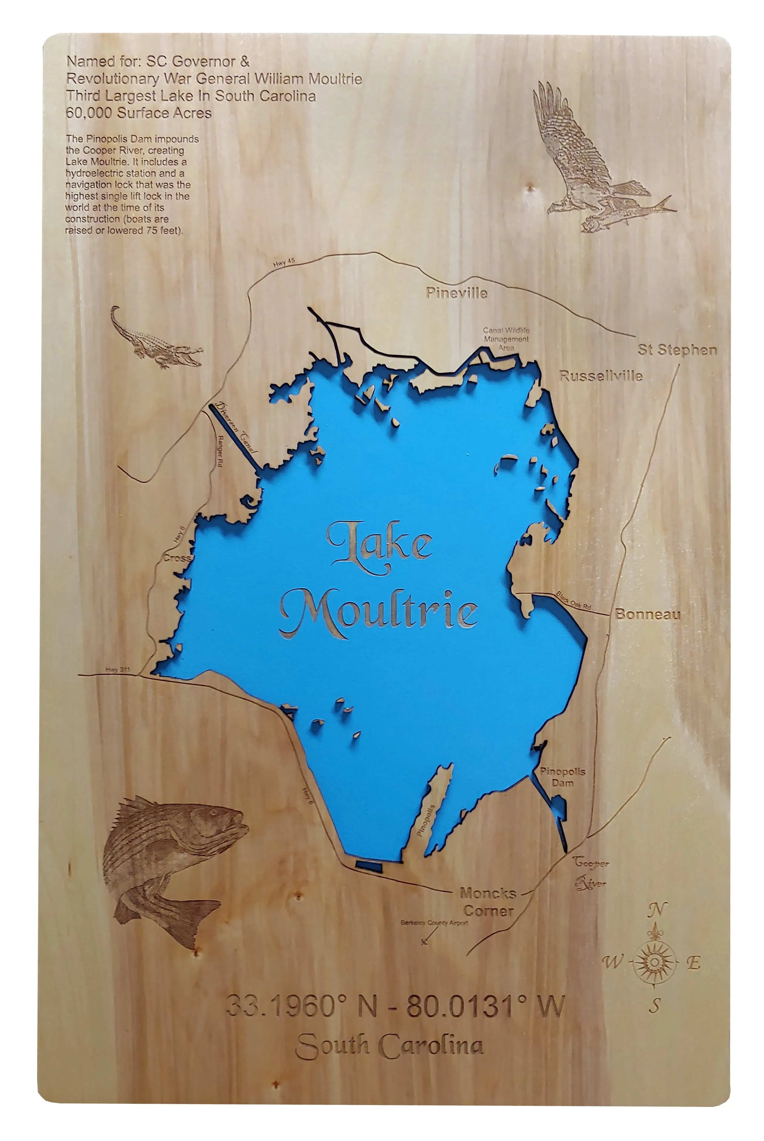 Lake Moultrie, South Carolina - Laser Cut Wood Map