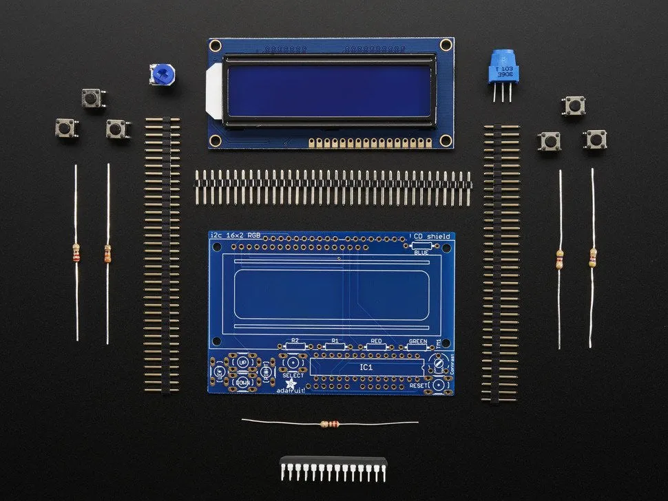 LCD Shield Kit w/ 16x2 Character Display - Only 2 pins used! - BLUE AND WHITE